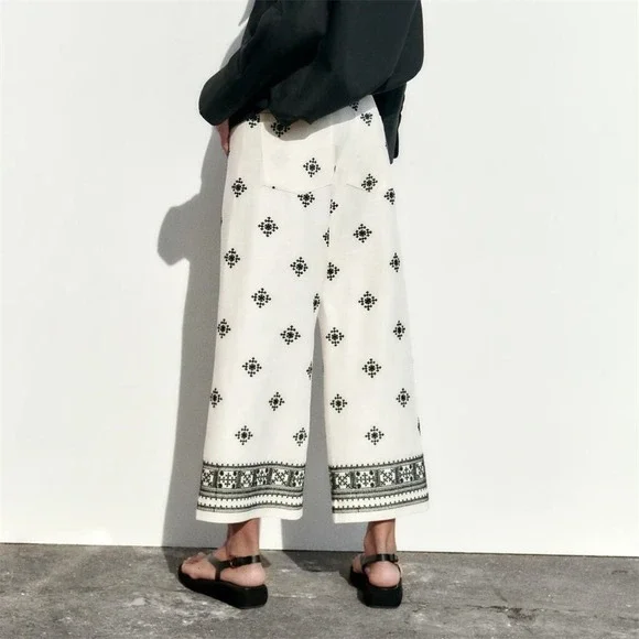 Commense Patterned Cropped Pants Bohemian Style Wide Leg Trousers size S - Picture 3 of 10